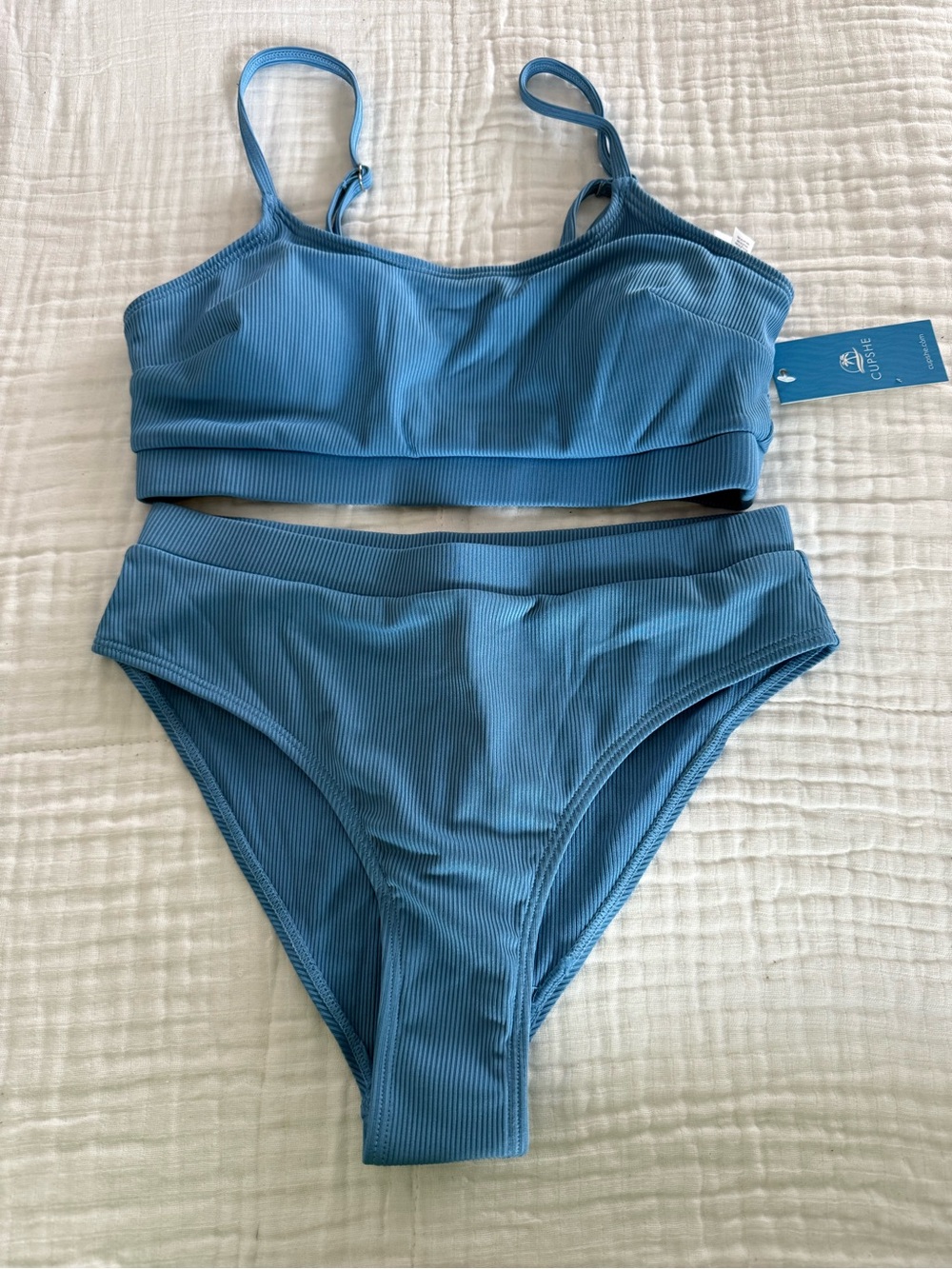 NWT CUPSHE Ribbed Scoop Bralette & Mid Rise Bikini Set Size Small